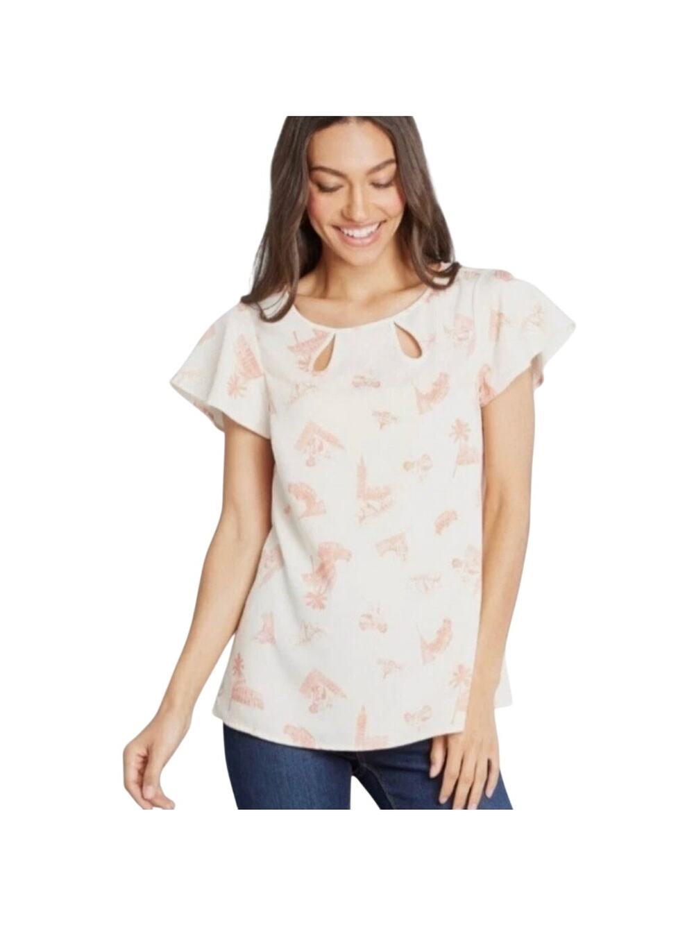 ModCloth Ivory Sunset Blvd Travel Print Keyhole Blouse size 1X